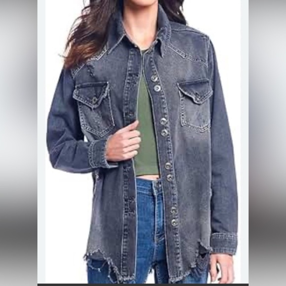 Free People Charcoal Denim Jacket oversized - Picture 2 of 11